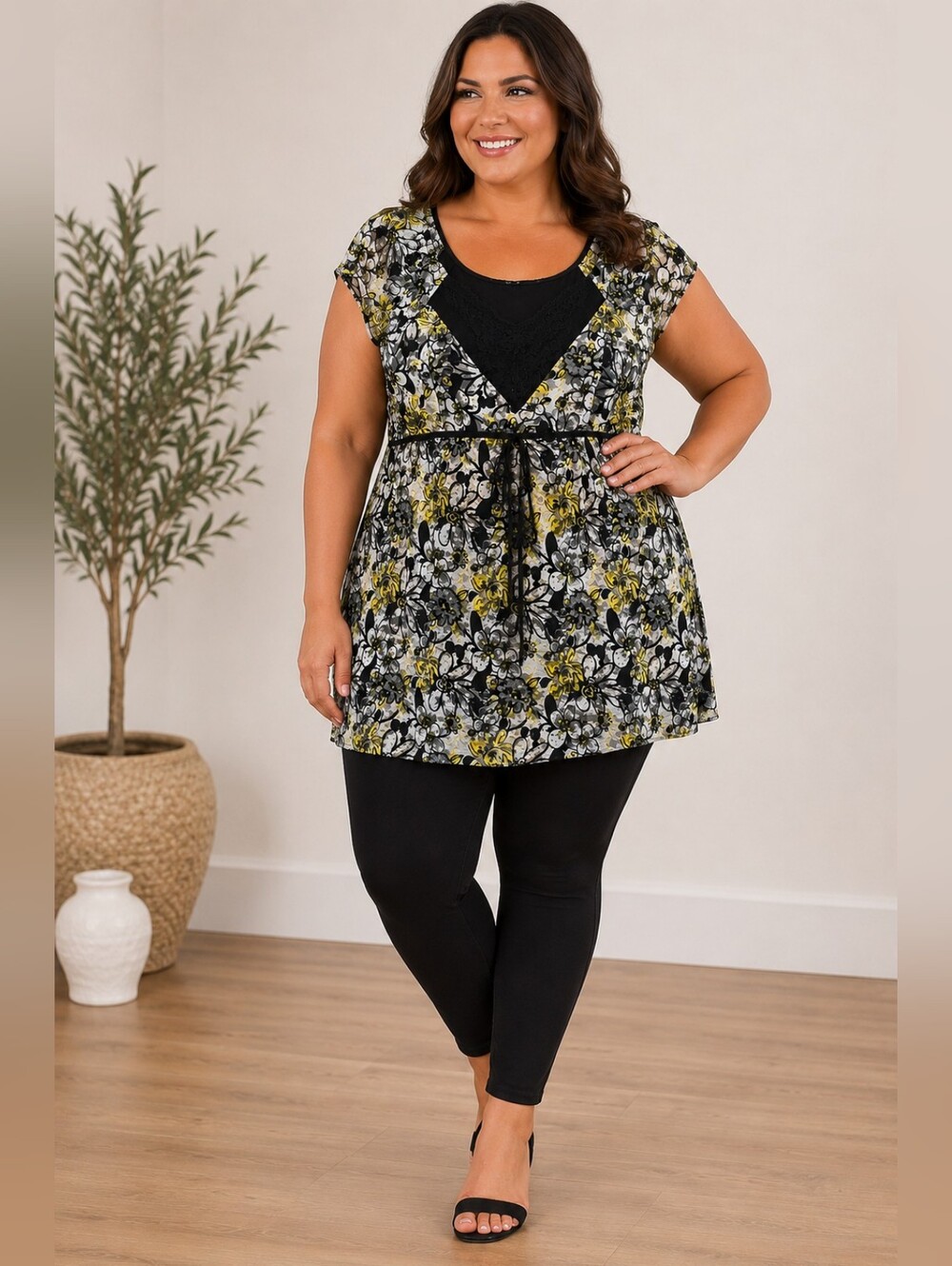 Studio 1940 Black Floral Lace-Trim Floral Women's Tunic Top